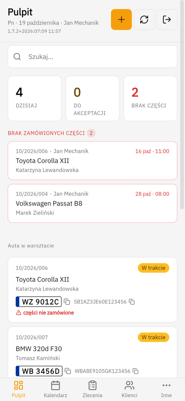 Dashboard in the mobile app