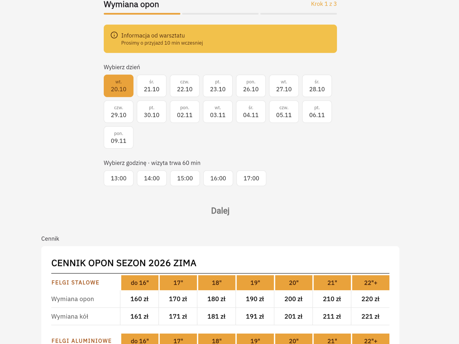 Tyre-change booking form: choosing a day, a time and the tyre price list