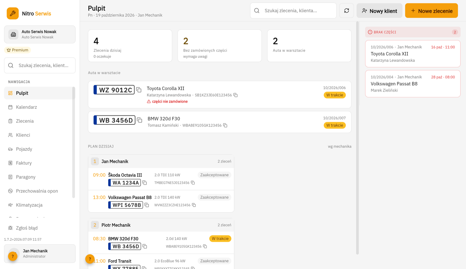 Nitro Serwis dashboard: cars in the workshop, the day’s plan and missing parts